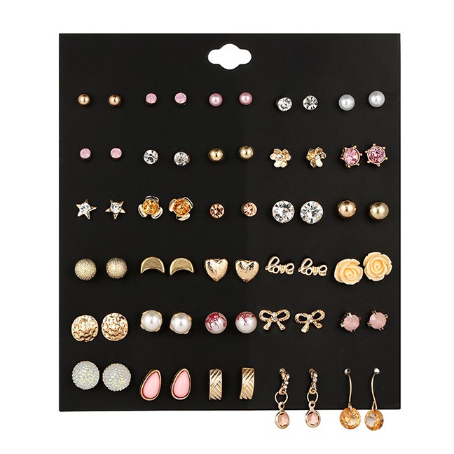 LRC Anting Set Fashion Color Mixing Flower Moon Diamond Stud Earring Set 30 Pairs D94169