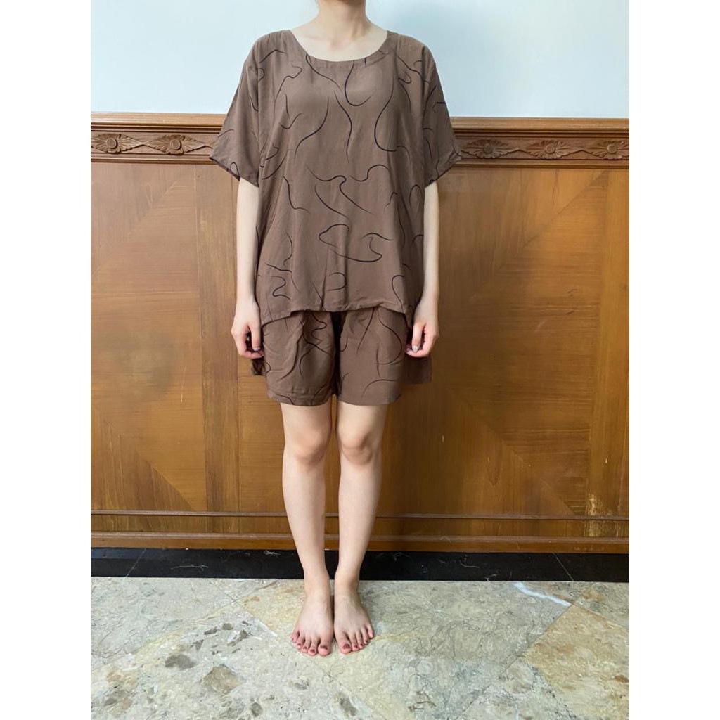 Daily Set / Pajamas Set / Piyama Set  - Tangan Pendek , Celana Pendek (SU)-Motif Tali Cokelat