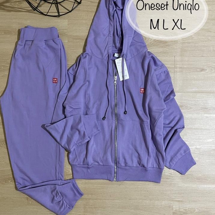 Harga Murah.. One set Uniqlo Setelan Jaket Sweater Zipper Uniqlo Celana Jogger Wanita Setelan Olahra