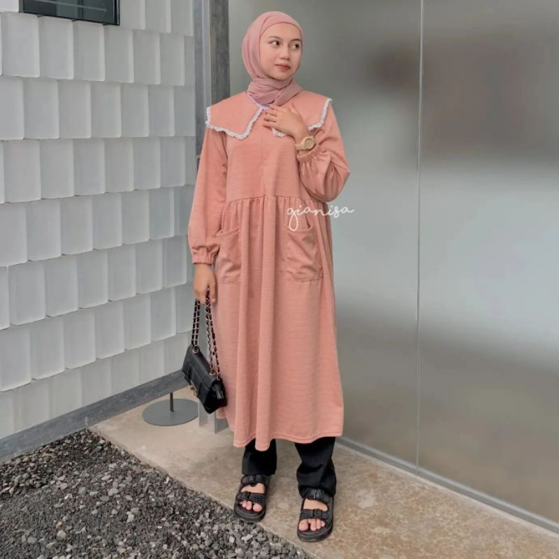 GIANISA | ZALINA DRESS / MIDI DRESS / LONG TUNIK / BAHAN KNIT / BUSUI FRIENDLY /SAKU DEPAN / KERAH L