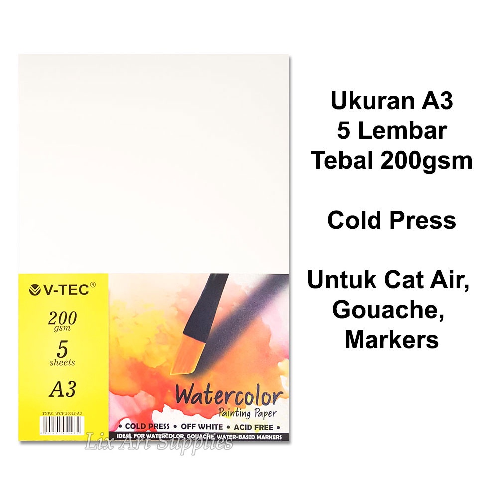 

Water Color Painting Paper V-Tec Ukuran A3 WCP 20012 / Kertas Lukis Vtec 200 Gram isi 5 Sheet – SHSNP SHABG