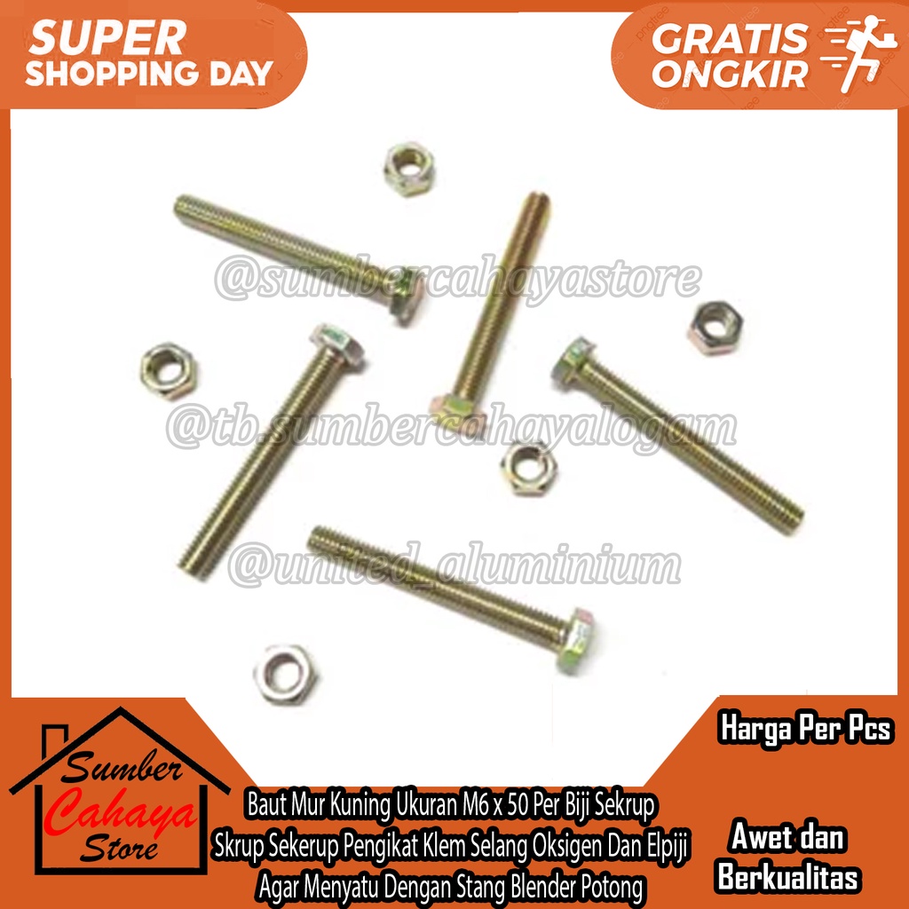Baut Mur Kuning Hexagon Bolts Nuts Besi Ukuran M6 x 50 Per Biji Pcs Sekrup Galvanis Galfanis Skrup S