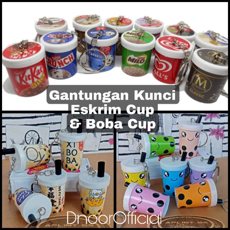 Gantungan Kunci Miniatur Ice Cream Cup, BOBA, Eskrim, makanan kaleng, Susu dll