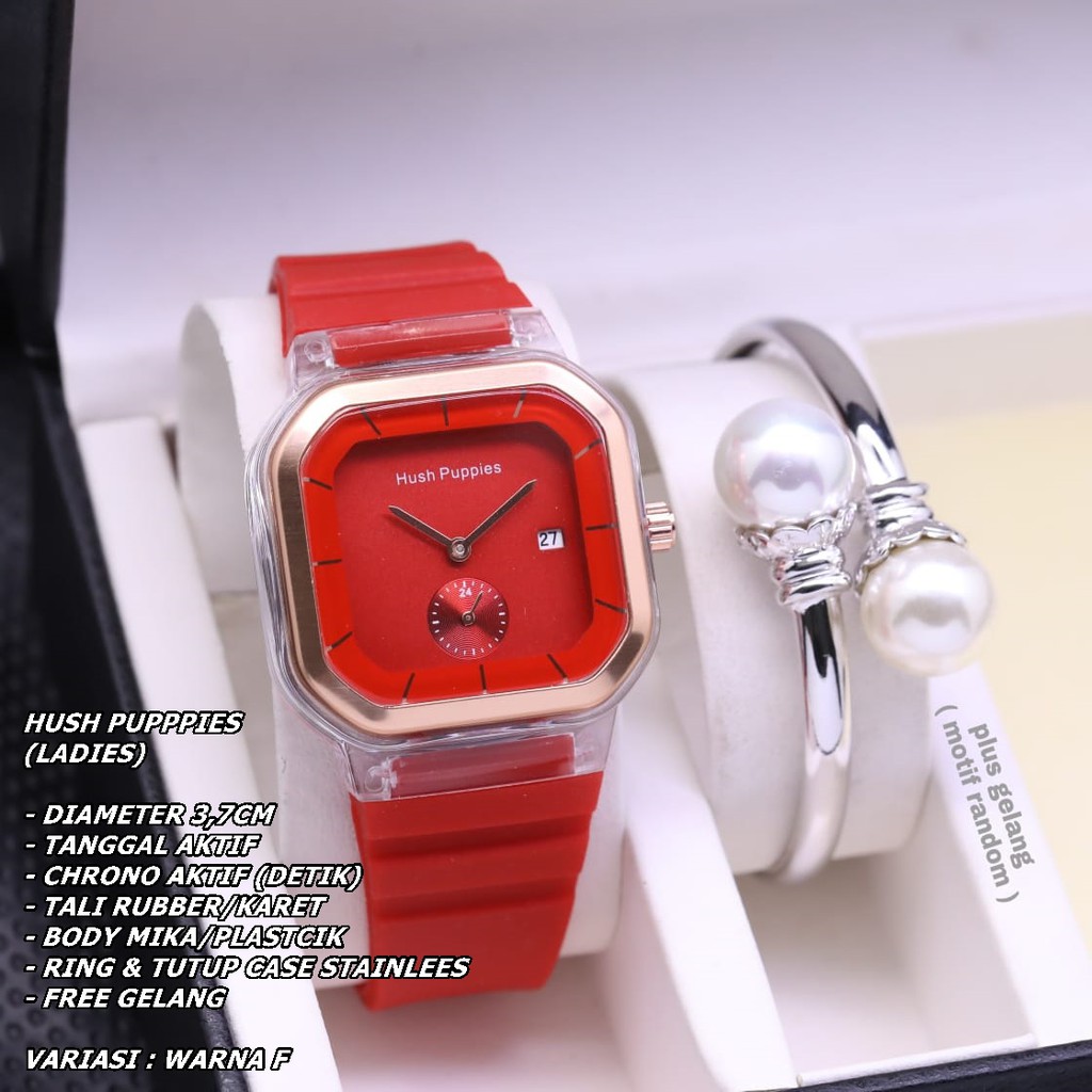 JAM TANGAN WANITA HUSHPUPPIES TALI RUBBER BODY SEGI TANGGAL &amp; CHRONO AKTIF FREE GELANG