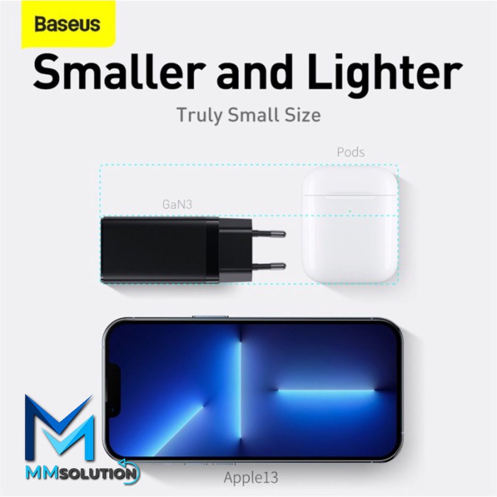 BASEUS GaNFast 65W Travel Charger PD Power Delivery Fast Charging SCP - US PIN Colokan Pipih