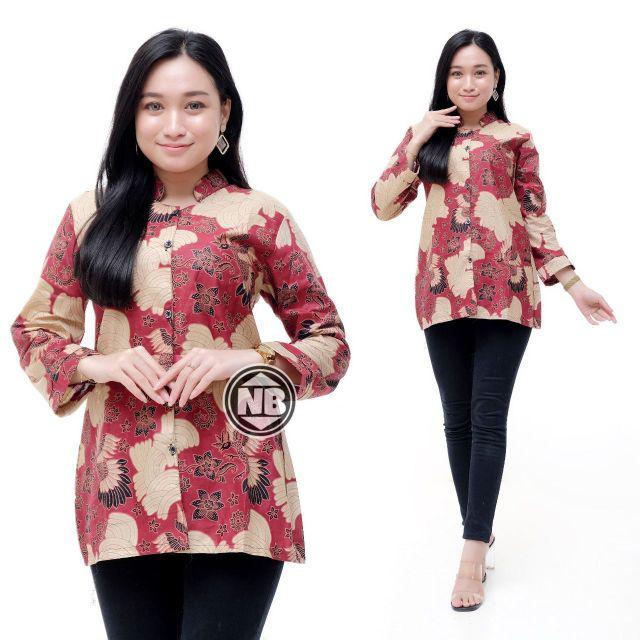 tey-17 Batik wanita ASJ SA HRB026 Kenongo Kemeja Tosca Pendek-C b poli Abang