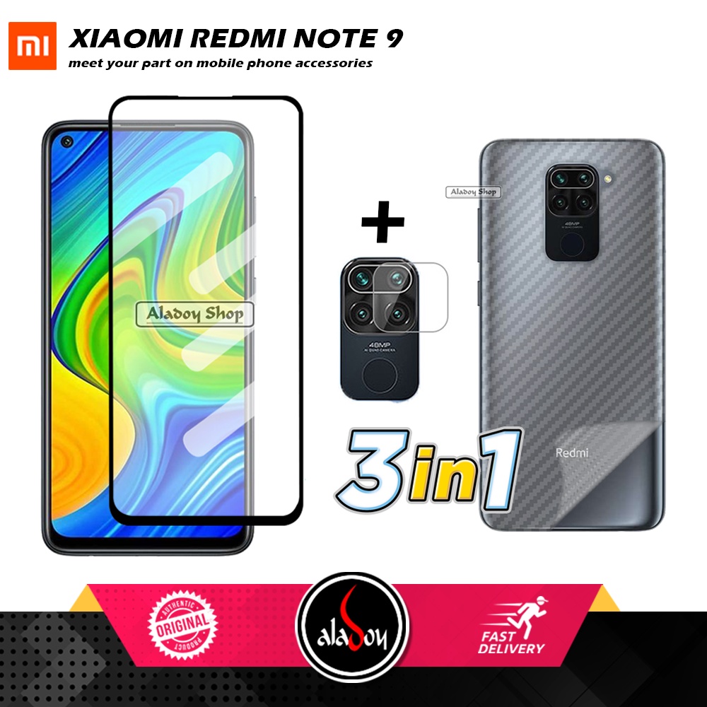 PROMO 3 IN 1 PAKET Tempered Glass XIAOMI REDMI NOTE 9 Free Tempered Glass Camera dan Skin Carbon