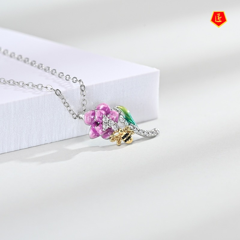 [Ready Stock]Bee Two-Tone Earrings Pink Flower Necklace Ring Set