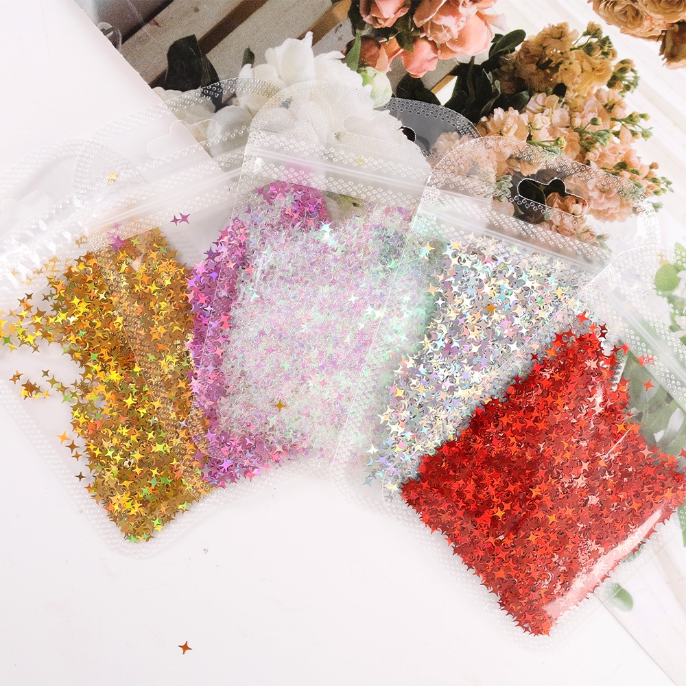 1 Kantong Stiker Kuku Glitter Sequin Holografik Bentuk Bintang 3D Warna-Warni Untuk Dekorasi Nail Art