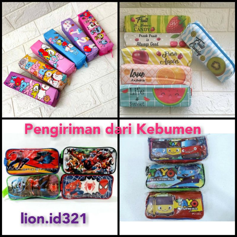 

kotak pensil gambar tayo spidermen BTS BT21 motif buah motif snack motif drink murah kebumen