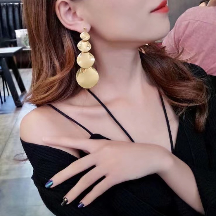 Anting Hook Wanita Geometri Tempereman Desain Mewah - Coin Drop Earrings Korean