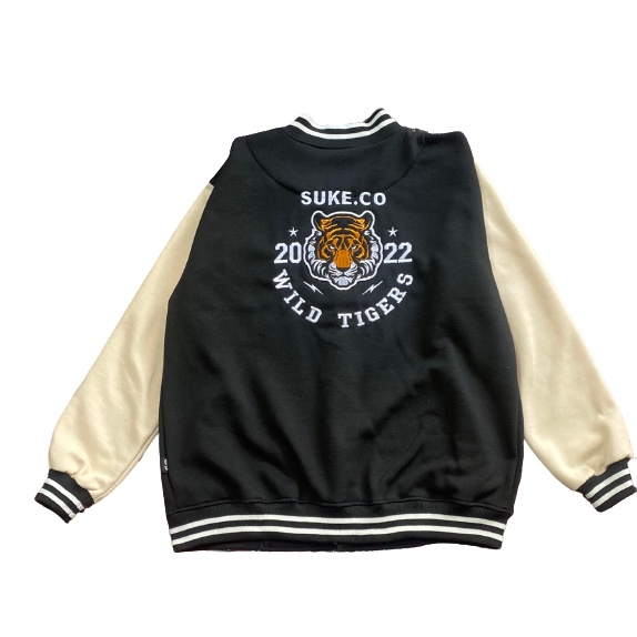 Suke Jacket Varsity Baseball Pria Wild Tigers Bordir Black