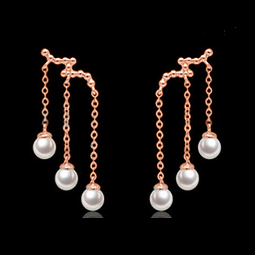 OW@ Elegant Party Women Triple Tassel Faux Pearl Long Dangle Stud Earrings Jewelry