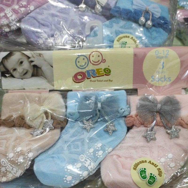 SNI Oreo isi 3 Kaos kaki renda pita bunga bayi perempuan cantik