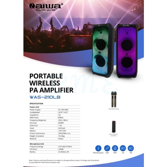 Speaker Portable Aiwa Was 210LB Double Woofer 10 In Super bass