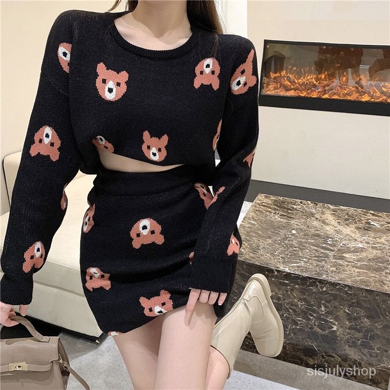 Musim Gugur dan Musim Dingin Malas Angin Pullover Bear Jacquard Bottoming Sweater + Tas Pinggang Tin
