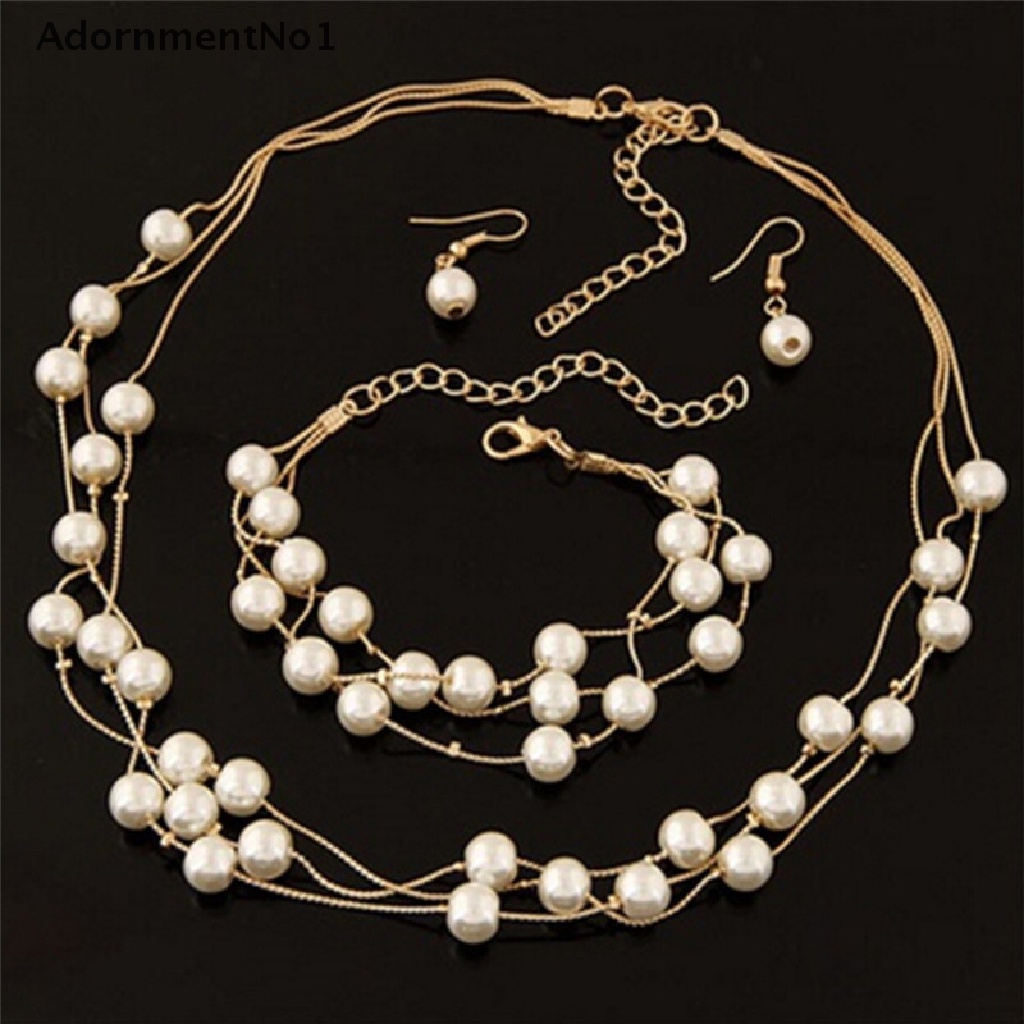 (AdornmentNo1) Set Kalung + Gelang + Anting Gantung Tusuk Multilayer Aksen Mutiara Untuk Perhiasan Wanita / Pernikahan