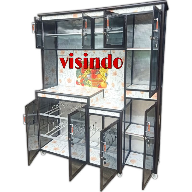 LEMARI DAPUR RAK PIRING ALUMINIUM KACA KERAMIK 8 PINTU JUMBO KAKI RODA COKLAT