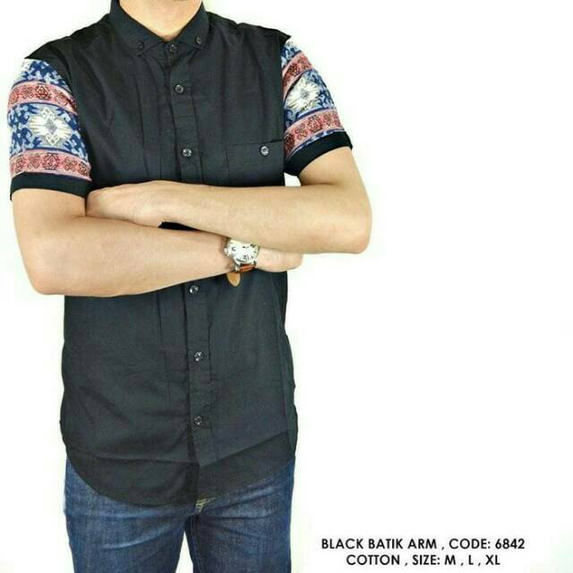 Kemeja Kerja Motif Batik Songket Kombinasi Polos Pria Cowok
