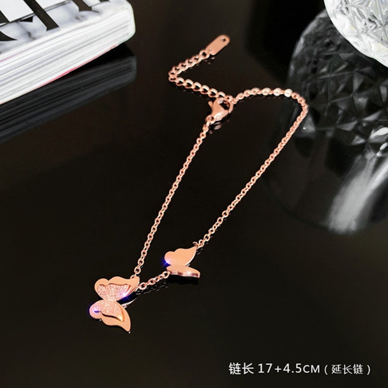 Gelang Titanium Kupu Wanita Anti Karat 18k Emas Mawar Fashion Korea Perhiasan