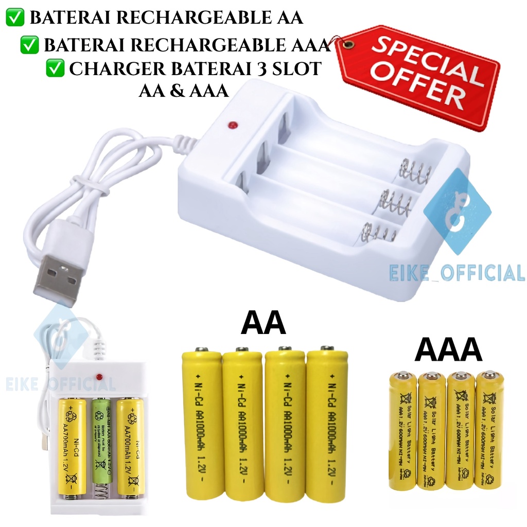 [Eike] Baterai Cas AA 1000 mAh AAA 600 mAh Ni-Cd 1.2 V / Baterai Charger 3 Slot USB