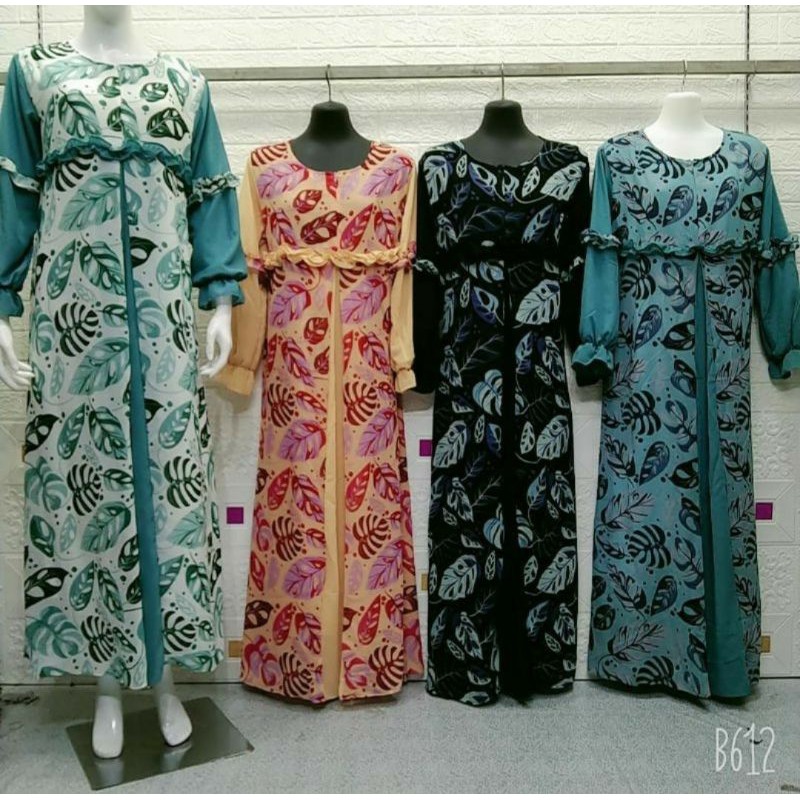 Gamis ceruti babydoll motif daun janda bolong monstera jumbo bigsize