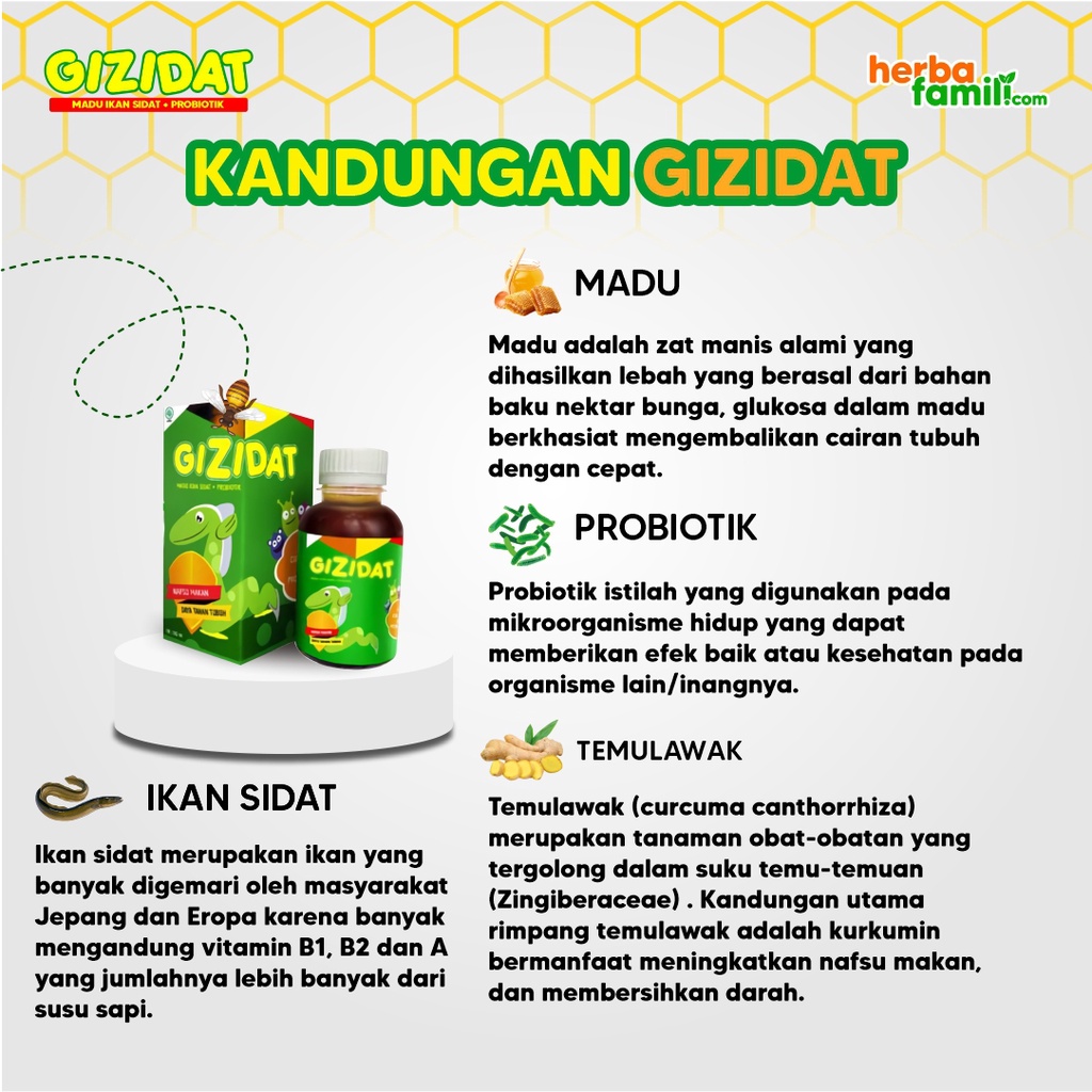 Gizidat Madu Gemuk Anak - Multivitamin Nutrisi Penambah Nafsu Makan &amp; Berat Badan Tingkatkan Daya Tubuh Lancarkan Pencernaan Ekstrak Ikan Sidat Original Isi 130ml