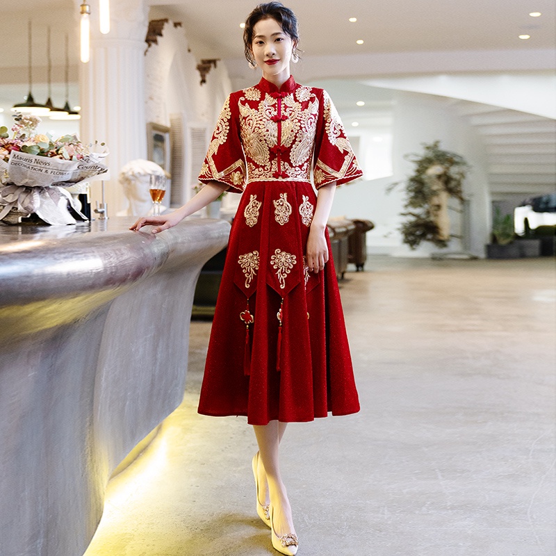 T1017 Gaun Import Midi Gaun Pesta Gaun Sangjit Party Dress Merah Maroon S - 3XL Jahit Custom