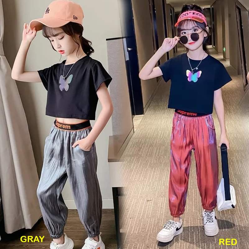 Baju Setelan Crop Top Anak Perempuan Hologram Butterfly