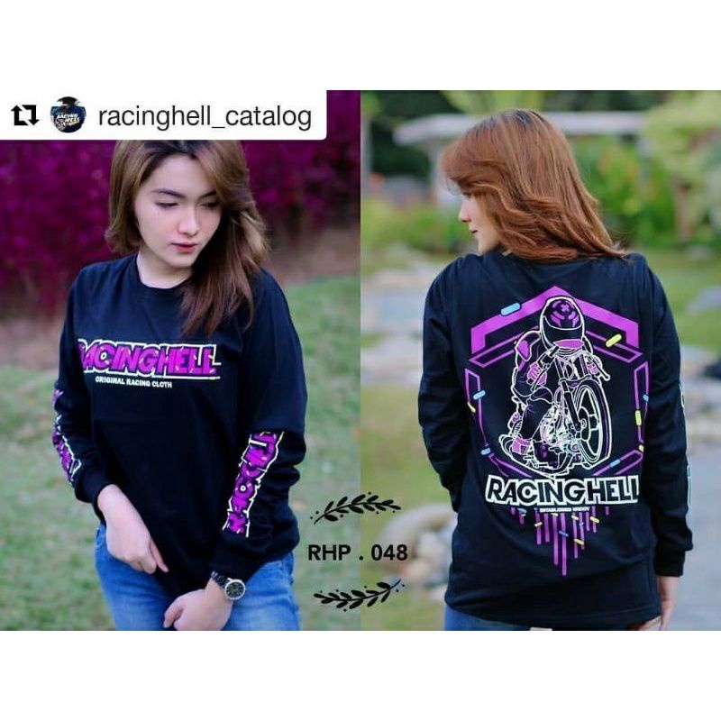 KAOS DISTRO RACING HELL PUTIH LENGAN PANJANG KAOS DISTRO UNISEX TERLARIS CEWEK COWOK