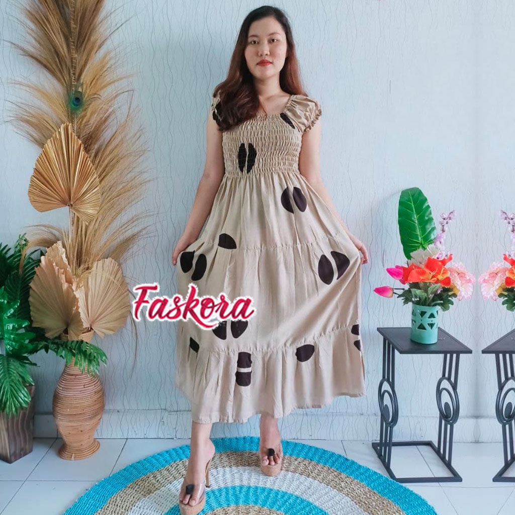 Dress Wanita Kerut Dada Bali Panjang Sabrina Rayon Jumbo Lengan Pendek Motif Kopi