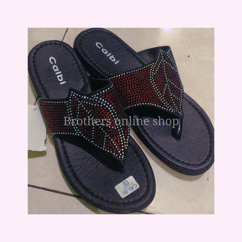 SANDAL TEPLEK CALBI WANITA MOTIF DAUN FOTO ASLI