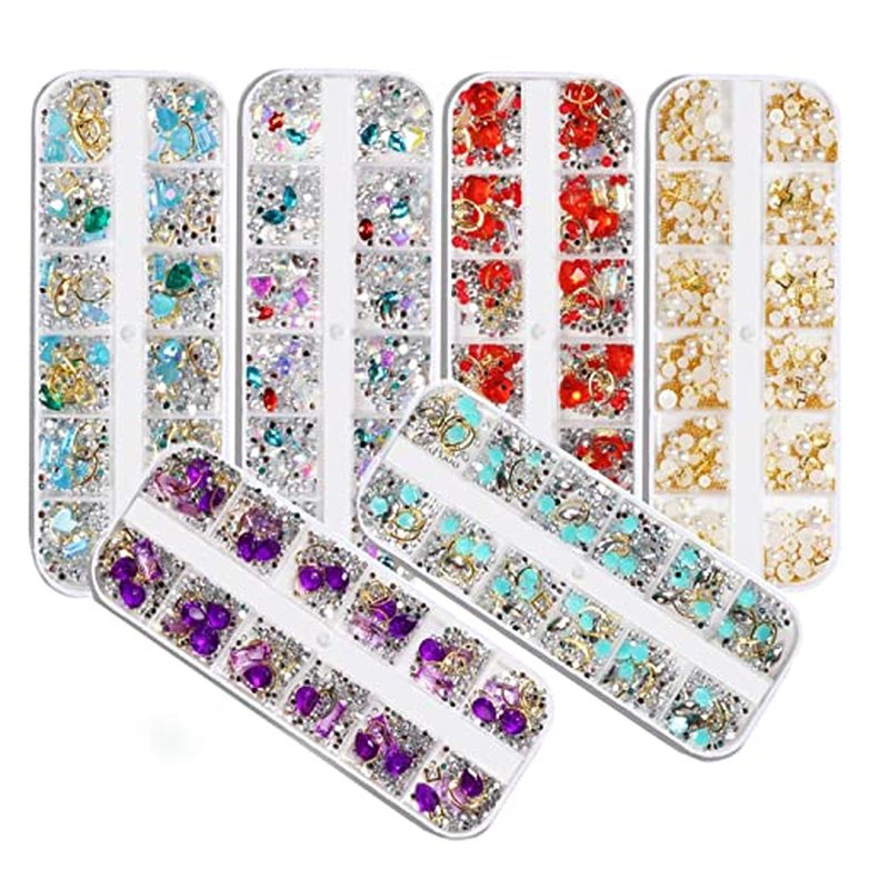 [12 Grids Mixed Nails Art Mix Crystal Metal Crafts][3D Nail Art For Nail Decoration][Manicure Decor DIY Accessories]