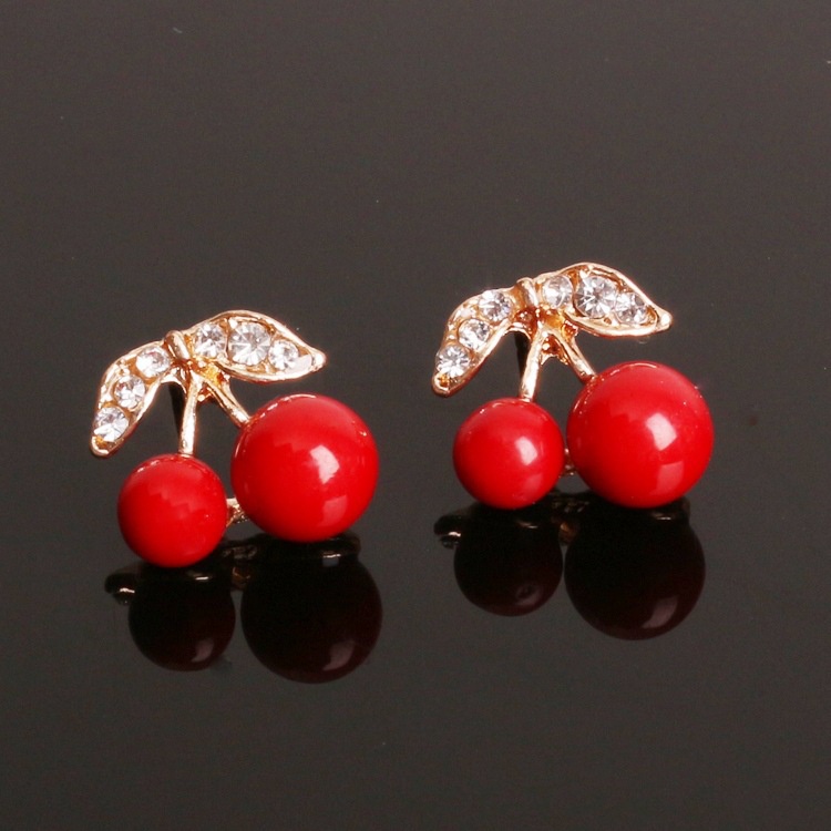 Japanese style cute red cherry stud anting-anting berlian imitasi anting-anting Dongdaemun ornamen a