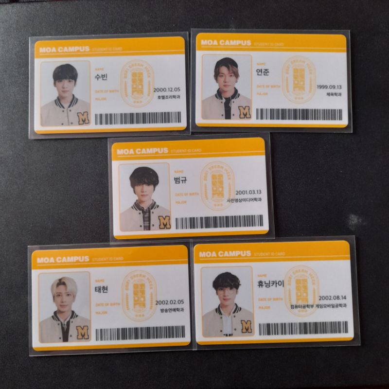 pc photocard id card moa campus soobin yeonjun beomgyu taehyun hueningkai txt r escape harley