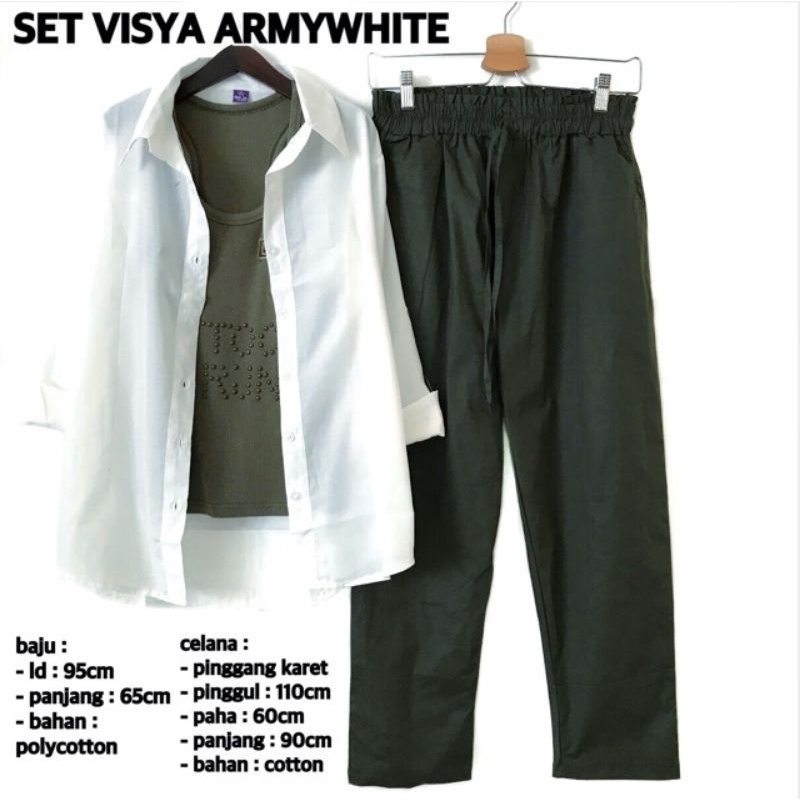 SET VISYA ARMY WHITE / SETELAN VISYA ARMY WHITE / BAJU DAN CELANA VISYA ARMY WHITE / SETELAN WANITA 