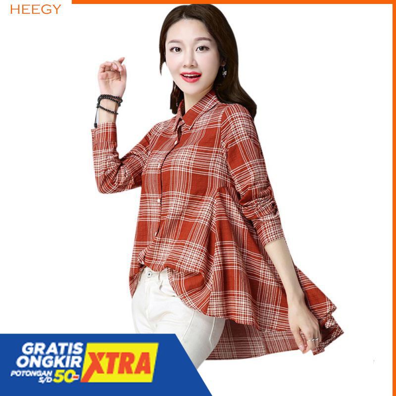 Blouse Lengan Panjang Casual Hem Asimetris Motif Kotak-kotak Gaya Wanita Korea