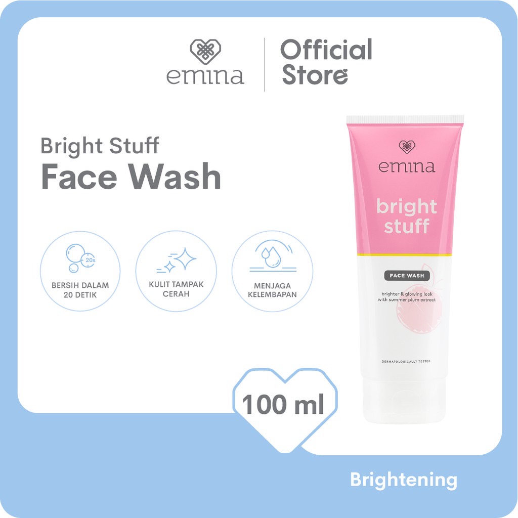 EMINA Bright Stuff Face Wash Indonesia / Pembersih Wajah 50ml 100ml / Brighter &amp; Glowing Look With Summer Plum Extract / Cerah Glowing Anti Kusam Bersih / Skincare Face Care Facial Foam Scrub Cleanser Cleansing / Sabun Cuci Muka Treatment Perawatan Series