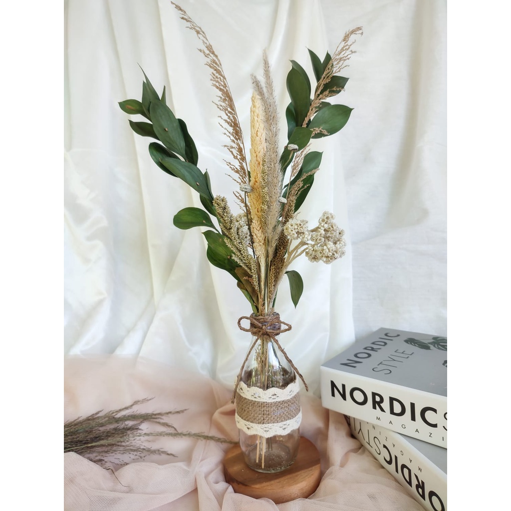 SET DRIED FLOWER BUNGA KERING | VAS BUNGA | BOUQUET BUNGA  | VAS KAYU | HAMPERS | BUNNY TAIL | HIASA