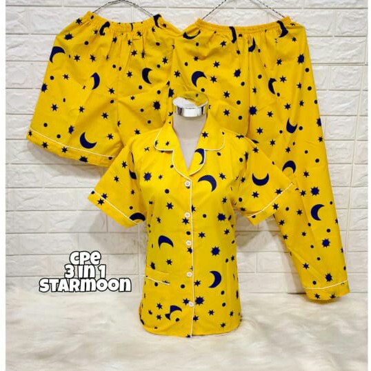 JNV Piyama Dewasa CP 3in1 Motif Karakter Kartun 01 - Baju Tidur 3in1 - Bahan Katun-Starmoon-kuning