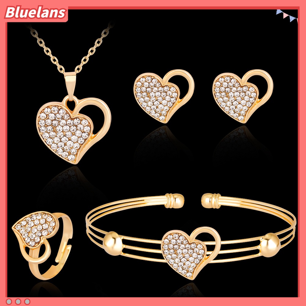 Bluelans Rhinestone Hollow Love Heart Necklace Bangle Ring Earrings Banquet Jewelry Set