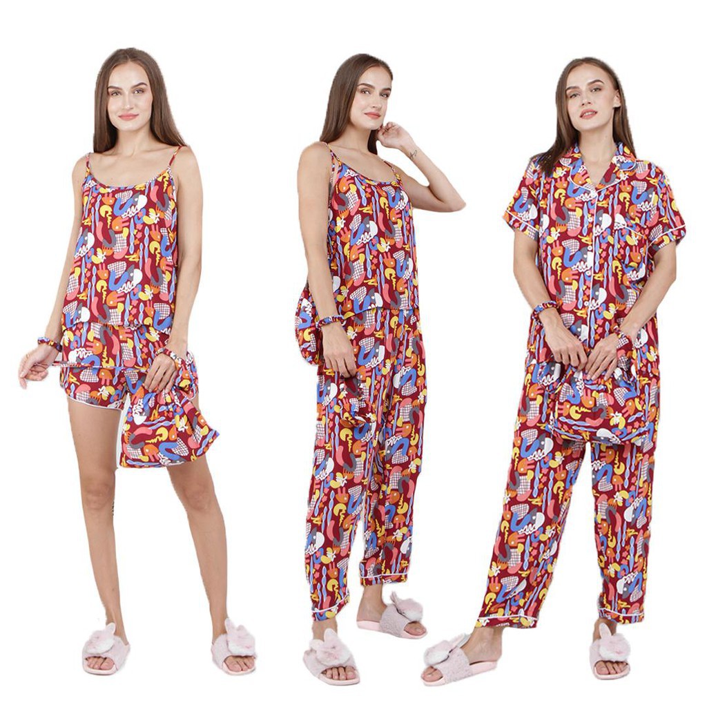 SET PIYAMA SATEN PREMIUM 7IN1 & RAYON 7IN1 READY STOK Kyoro Beauty 7 in 1 - celline-KIARRA MAROON