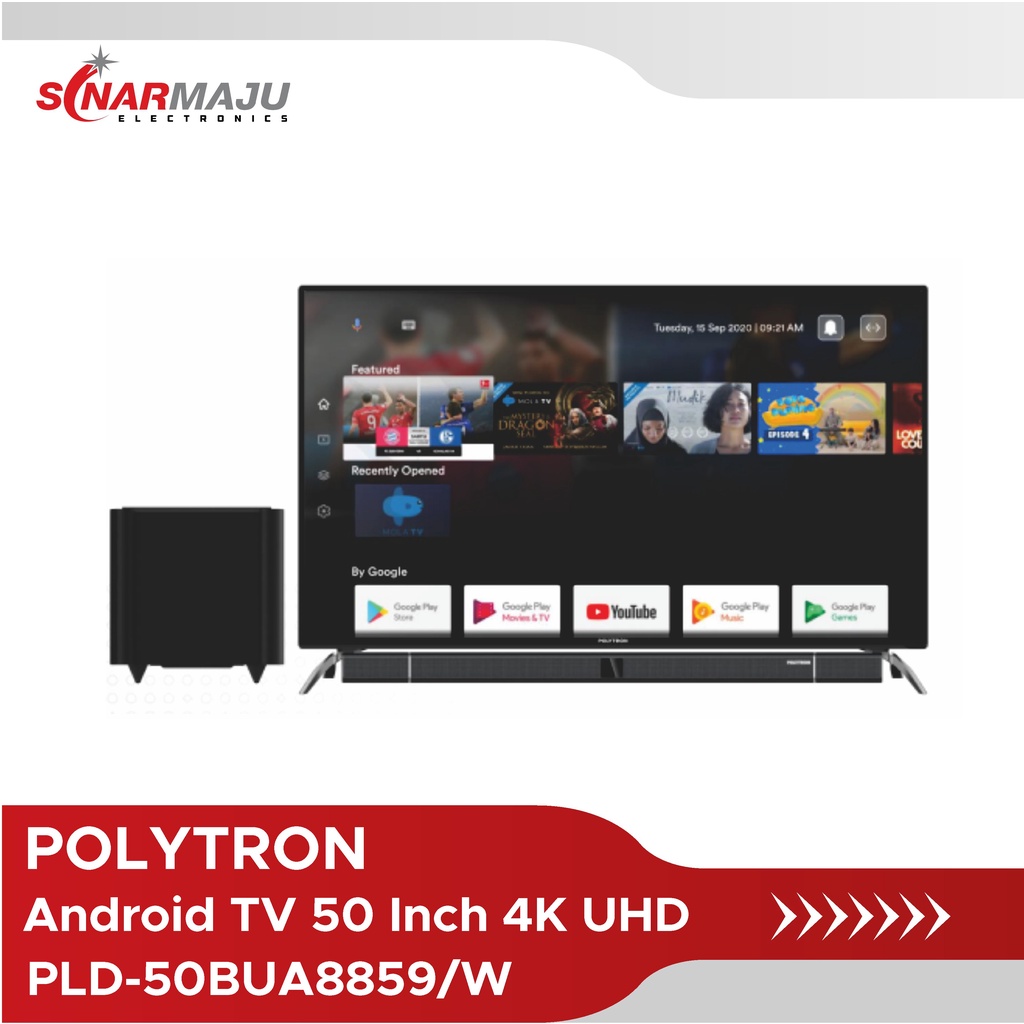 LED TV 50 Inch Polytron 4K UHD Android TV Cinemax Soundbar PLD-50BUA8859/W / PLD50BUA8859