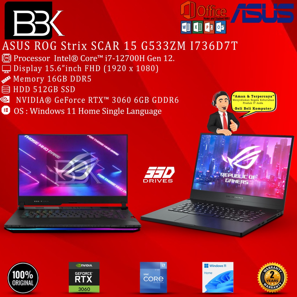 ASUS ROG Strix SCAR15 G533ZM Intel® Core i7 16GB 512GB SSD W11HSL 2YR