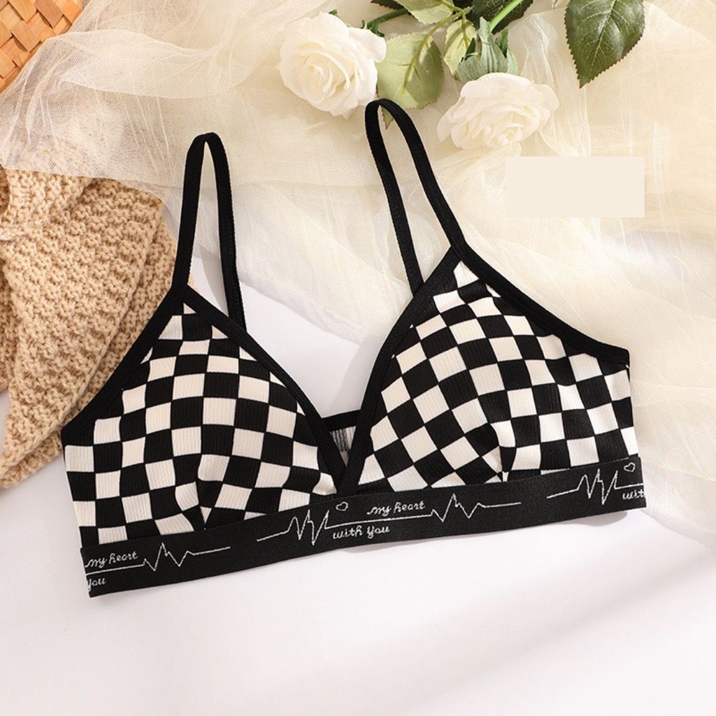 HUES.ID Bra Wanita Tanpa Kawat Bahan Halus BH Pakaian Dalam Bra Push Up Motif Catur 1086