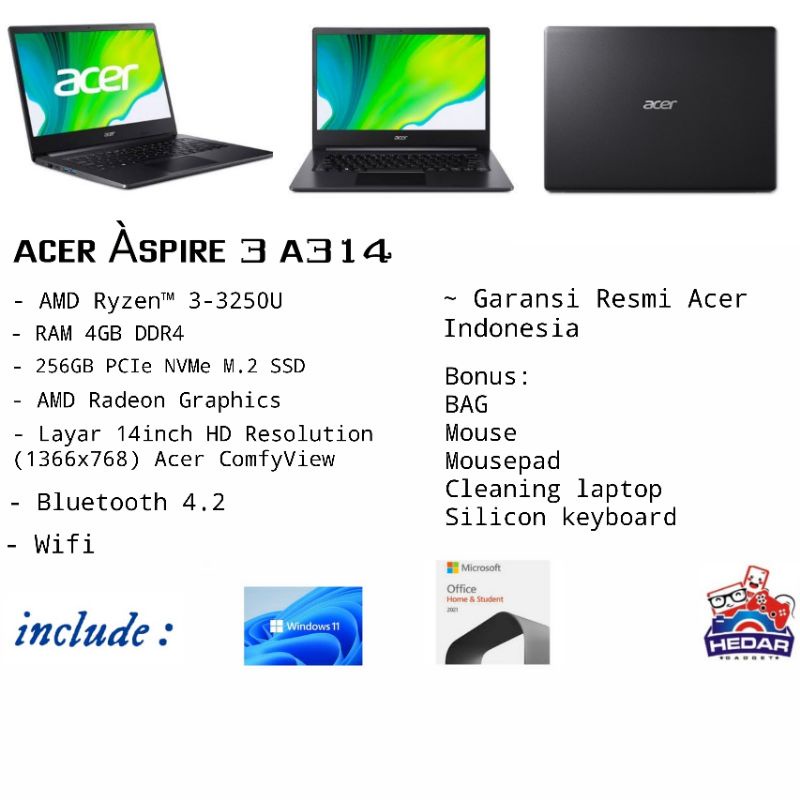Acer aspire 3 A314 Ryzen 3 3250U 4GB 256GB Radeon W11 OHS 14 HD