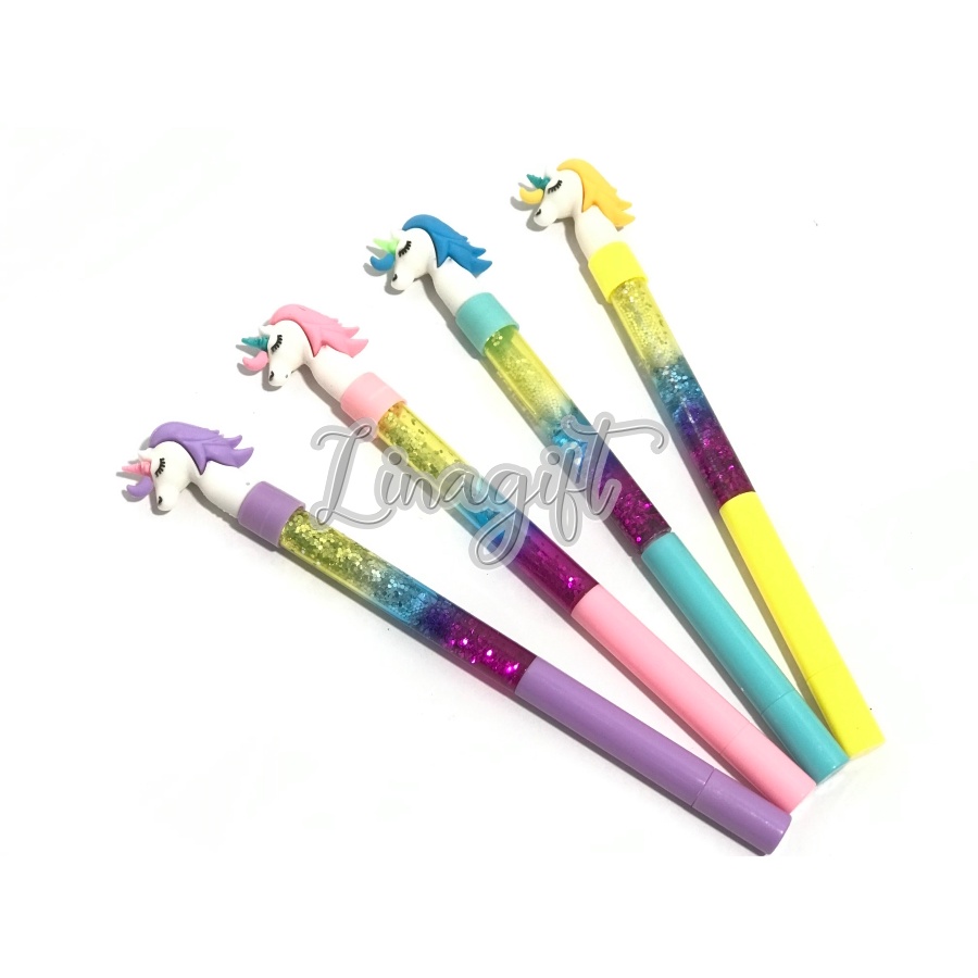 ( Ecer 1 Pc ) PEN GEL GLITTER AIR - PENA KARAKTER ANAK / PULPEN WAND SOUVENIR GLITER - UNICORN FLAMINGO TAYO LOL SQUIN SEQUIN