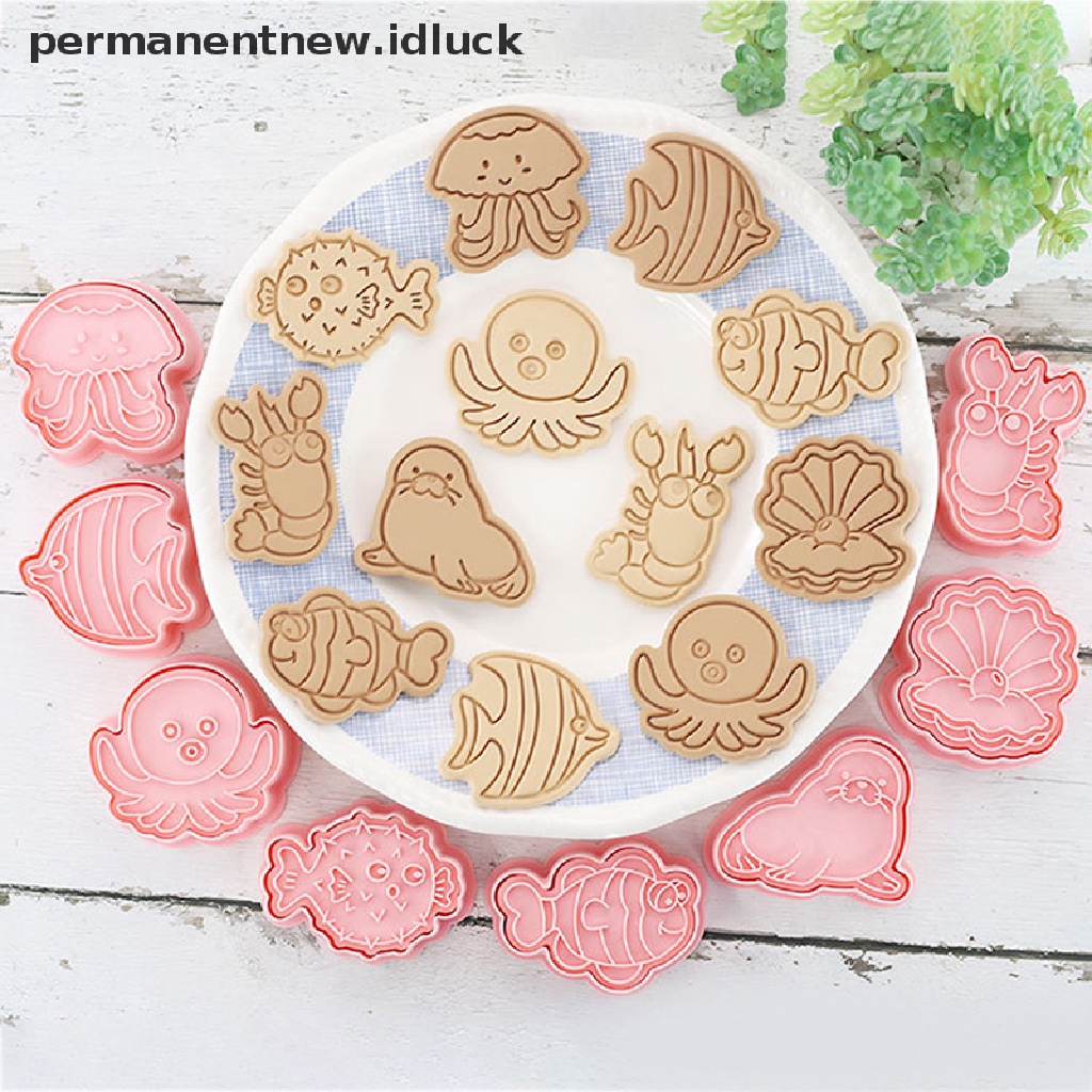 8pcs / Set Cetakan Pemotong Kue / Biskuit Bentuk Kartun Hewan Laut 3D Model Tekan Untuk Dapur