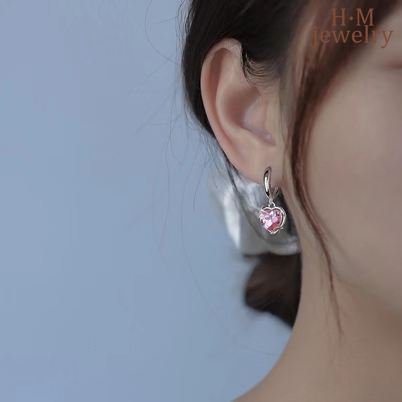 Anting Tusuk Bentuk Hati Aksen Berlian Imitasi Warna Pink Untuk Wanita