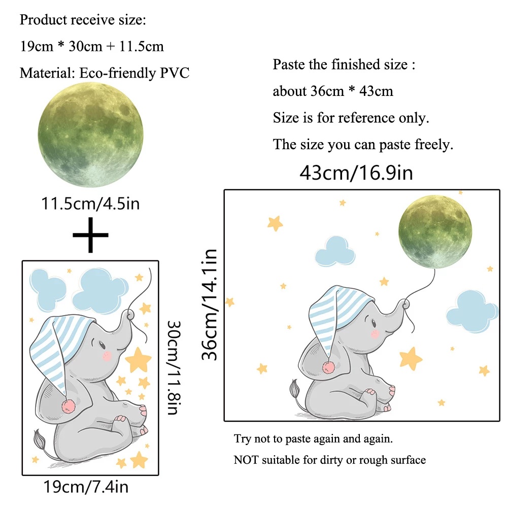 1 Set Stiker Dinding Desain Kartun Bulan Gajah Kelinci Beruang Awan Bintang Glow In The Dark Untuk Kamar Anak